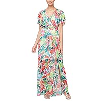 S.L. Fashions Women's Short Sleeve Tiered Long Maxi Dress with Ruched Waist, Spring/Summer Events, Wedding Guest