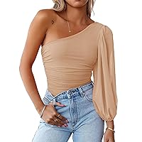MASCOMODA Womens Fashion 2024 Spring Mesh Long Sleeve One Shoulder Tops Solid Stretch Ruched Lantern Sleeve Blouse Shirt