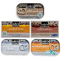 COLE'S Seafood Sampler Variety Pack - Wild Mackerel Canned Fish Smoked Trout Fresh Water Smoked Rainbow Trout Smoked Salmon Wild Sardines in Olive Oil Wild Caught Skinless Boneless Low Sodium