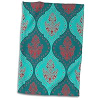 3D Rose Teal Aqua Red White Henna Style Modern Trendy Damask Hand/Sports Towel, 15 x 22, Multicolor