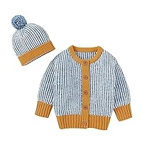 Unisex Baby Cardigan Knitted Coat Button up Knitted Sweater Crochet Coat with Pom Ball Warm Hat Outfit