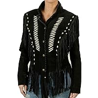 Women Western American Black Suede Leather Jacket Fringe, Bone and Beads (Free Express Shipping)