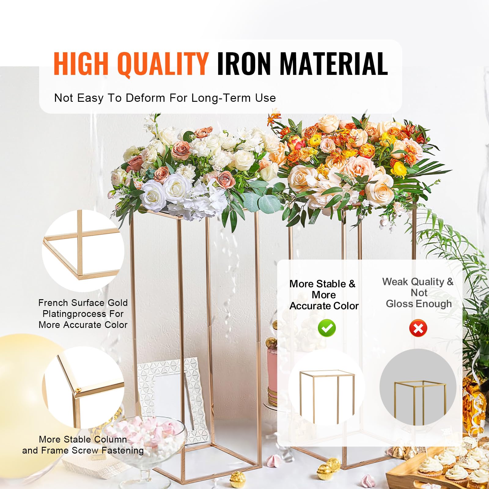 VEVOR 2PCS 31.5inch/80cm High Wedding Flower Stand, Metal Vase Column Geometric Centerpiece Stands, Gold Rectangular Floral Display Rack for T-Stage Events Reception, Party Decoration Home