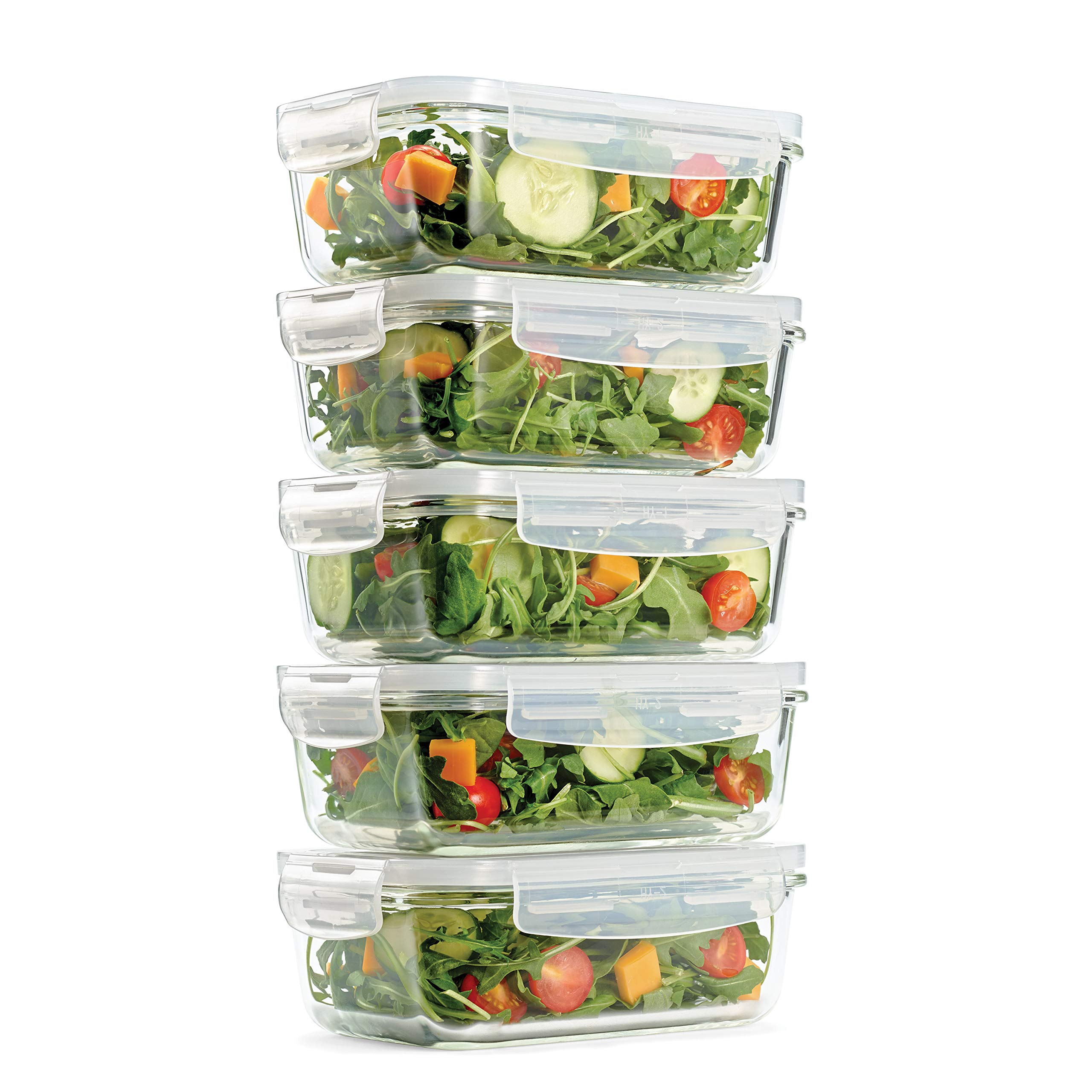 Fit & Fresh Glass Containers, Set of 5 Containers with Locking Lids, Meal Prep, 5 Pack, Glass Storage Containers with Airtight Seal, 28 oz.
