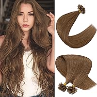 U Tip Hair Extensions Real Human Hair Pre Bonded Hair Extensions Keratin U Tip Hot Fusion Human Hair Extensions Light Brown U Tips Remy Hair Straight Silky, 14 Inch 100 Strands 50g #06