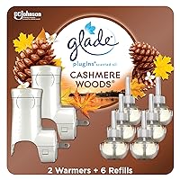 Glade PlugIns Refills Air Freshener Starter Kit, Scented and Essential Oils for Home and Bathroom, Cashmere Woods, 4.02 Fl Oz, 2 Warmers + 6 Refills