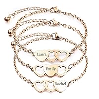 INBLUE 2~3 Pieces Personalised Heart Shape Bracelets Set Best Friend Name Customised 1~3 Names Best Friend Gifts for Women Friendship BFF Bracelets for 2~3 Sisters