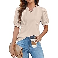 Blooming Jelly Womens Dressy Casual Tops Puff Sleeve Work Blouses Pleated V Neck T Shirts