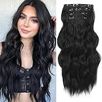 NAYOO Black Clip In Hair Extensions 4Pcs Wavy Curly Hair Extensions Synthetic Fiber Double Weft Soft Hairpieces For Women（20 inch, Black）