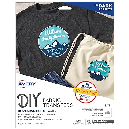 Avery Printable T-Shirt Transfers, For Use on Dark Fabrics, Inkjet Printers, 5 Paper Transfers (3279)