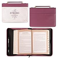 Christian Art Gifts Plum Pink Fashion Bible Cover for Women: Be Strong & Courageous - Joshua 1:9 Inspirational Scripture, Vegan Leather Book Carry Case w/Sleeves, Zipper, Pocket & Pen Storage, Medium