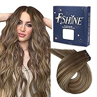 Fshine Hand Tied Weft Hair Extensions Human Hair Balayage Medium Brown Mixed Blonde Remy Hair Soft and Light Weight Straight Hair Specially for Your Fashionable Hairstyle 14 Inch 50 Gram