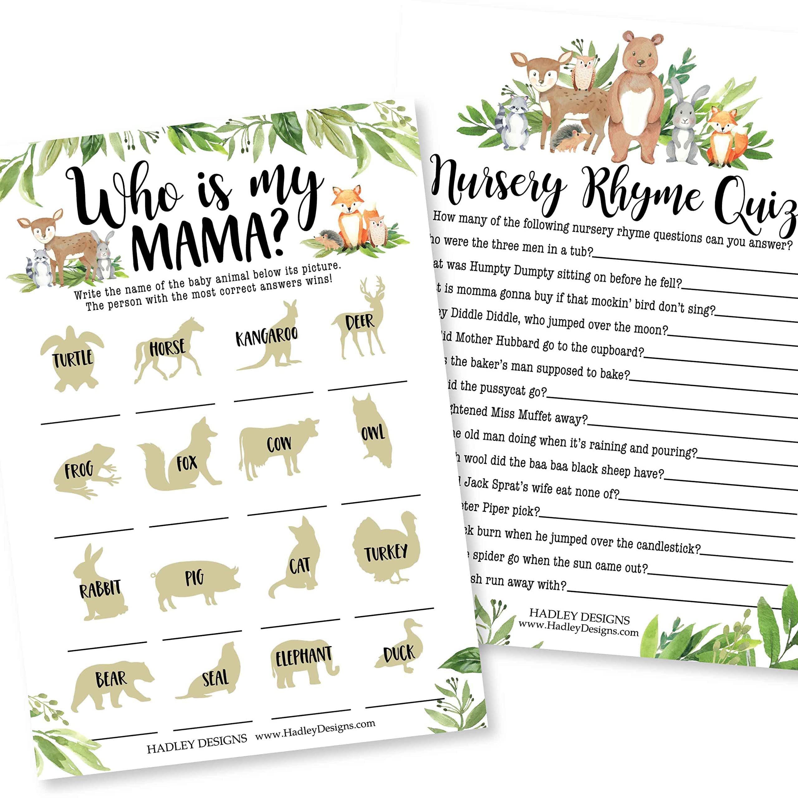 25 Woodland Animal Matching, 25 Nursery Rhyme Game, 25 Who Knows Mommy Best, 25 Baby Prediction And Advice Cards - 4 Double Sided Cards, Baby Shower Party Supplies