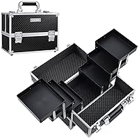 FRENESSA Makeup Train Case 12 inch Large Portable Cosmetic Case - 6 Tier Trays Professional Makeup Storage Organizer Box Make Up Carrier with Lockable keys Travel Case for Women and Girls - Black
