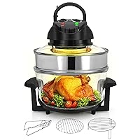 Nutrichef 18 Quart Convection Countertop Air Fryer - See through Glass for Best Cooking Results - Air Fryer, Roaster, Bake, Grill, Steam & Roast - Includes Glass Bowl, Broil Rack & Toasting Rack