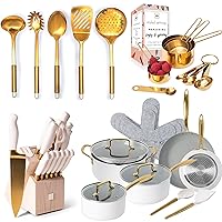 Styled Settings White and Gold Kitchen Accessories - 42PC Includes White Pots and Pans Set Nonstick, White and Gold Knife Set with Block, Gold Cooking Utensils Set & Gold Measuring Cups and Spoons Set