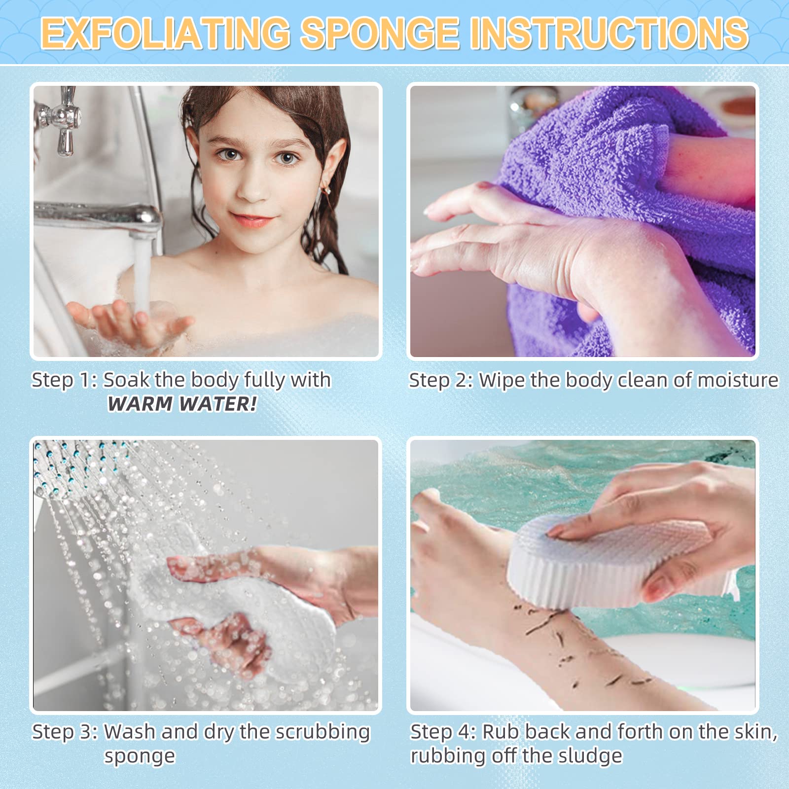 oUUoNNo 3Pcs Super Soft Exfoliating Bath Sponge, Magic Exfoliating Sponge Dead Skin Remover for Adults Children and Pregnant Women （White+Blue+Grey）