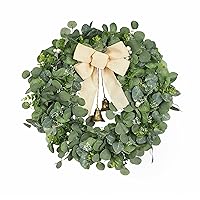 28” Large Eucalyptus Wreath with Bow & Bells for Front Door All Seasons - Green Leaves Wreath for Year Round Spring Summer Fall - Artificial Geenery Wreath for Farmhouse Home Door Porch Decor