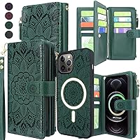 Harryshell Detachable Magnetic Case Wallet for iPhone 12 Pro Max Compatible with MagSafe Wireless Charging Protective Cover Multi Card Slots Cash Coin Zipper Pocket Wrist Strap (Floral Deep Green)