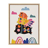 Kate and Laurel Sylvie Flying Pigs Framed Canvas Wall Art by Rachel Lee of My Dream Wall, 18x24 Natural, Whimsical Abstract Animal Art