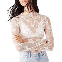 Women's Casual Solid High Neck Tops Lace Floral Long Sleeve Tee Shirt Blouse with Thumb Hole Layering See Through Tops