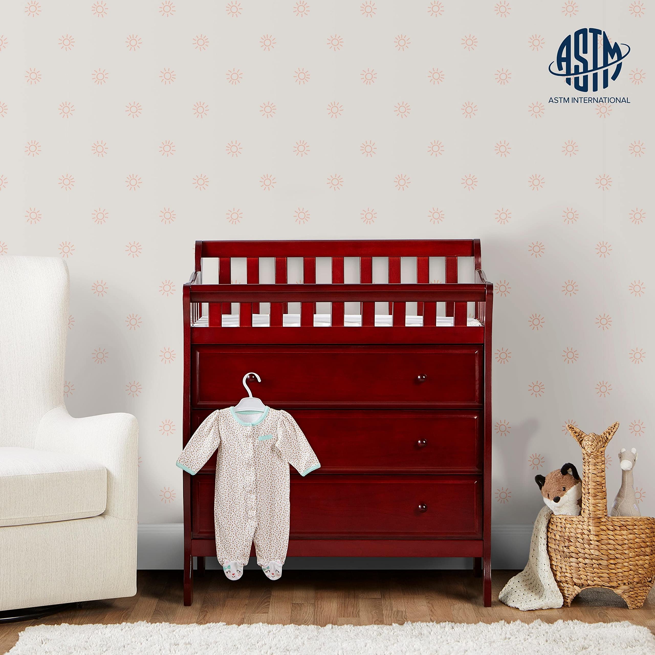 Dream On Me Marcus Changing Table And Dresser In Cherry, Features 3 Spacious Drawers, Non-Toxic Finishes, Comes With 1