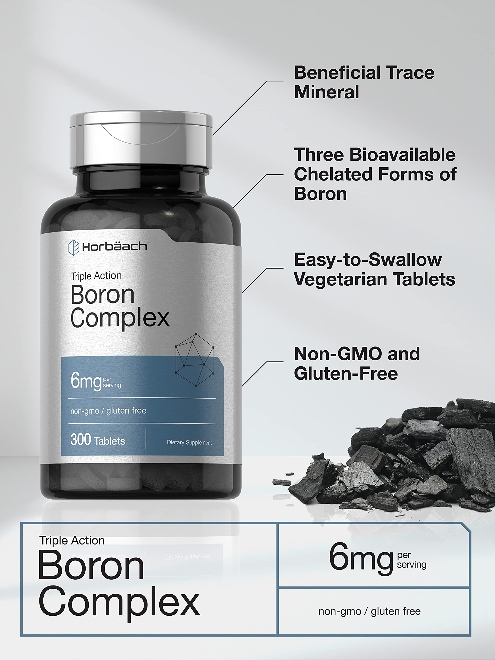Boron Supplement 6mg | 300 Tablets | Triple Action Complex for Men and Women | Boron Citrate, Boron Glycinate, and Boron Asparate | Non-GMO and Gluten Free | by Horbaach