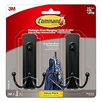 Command Large Wall Hooks with Adhesive Strips, No Tools, Damage Free Plastic Double Hooks for Hanging Decorations in Living Spaces, Black, 2 Hooks and 2 Command Strips, 2 Count (Pack of 1)