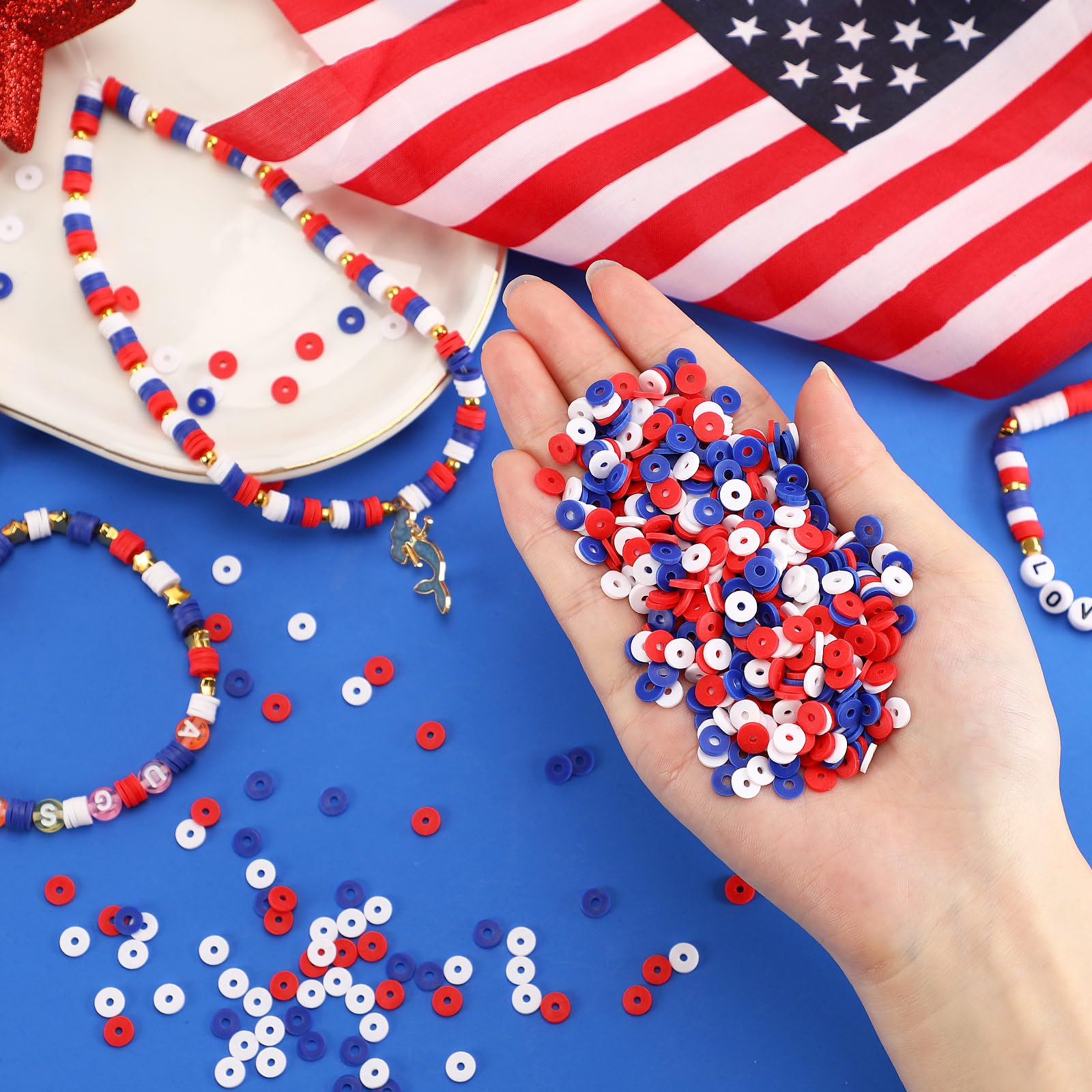 Augshy 4200pcs Red White and Blue Clay Beads, Patriotic Independence Day Heishi Round Flat Polymer 4th of July Spacer Beads for Jewelry Making Necklace Bracelet Earring Decorations Supplies