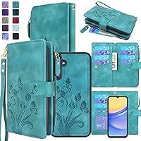 Lacass Case Wallet for Samsung Galaxy A15 5G, [12 Card Slots] ID Credit Cash Holder Zipper Pocket Detachable Leather Wallet Cover with Wrist Strap Lanyard（Floral Blue Green）
