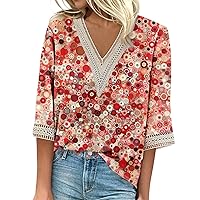 Summer Tops for Women 2024,Women's Casual Loose 3/4 Sleeve Shirts Lace Vintage tees V Neck Shirts Blouses Dressy Casual