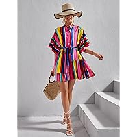 Dresses for Women - Block Striped Batwing Sleeve Belted Shirt Dress (Color : Multicolor, Size : Small)