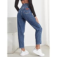 Jeans for Women Letter Patch High Waist Mom Cropped Jeans Jeans for Women (Color : Medium Wash, Size : Medium)