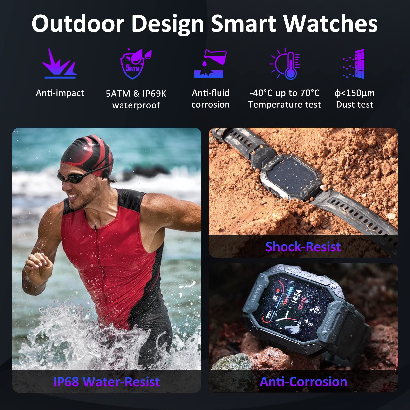 AMAZTIM Smart Watches for Men Women-5ATM/IP69K Waterproof Fitness Tracker for Android iPhones with Heart Rate Blood Pressure Monitor - 1.71''Tactical Military Sports (Black)