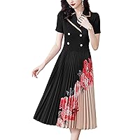 LAI MENG FIVE CATS Women's Casual Vintage V-Neck Tunic Knit Patchwork Elegant Midi A-line Dress