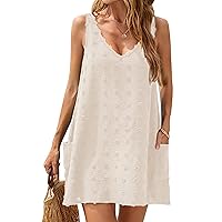 Blooming Jelly Womens Casual Sun Summer Dresses Swiss Polka Dot Beach Cover Up V Neck Tank Dress with Pockets