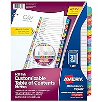 Avery 1-31 Tab Dividers for 3 Ring Binders, Customizable Table of Contents, Multicolor Tabs, 1 Set (11846)