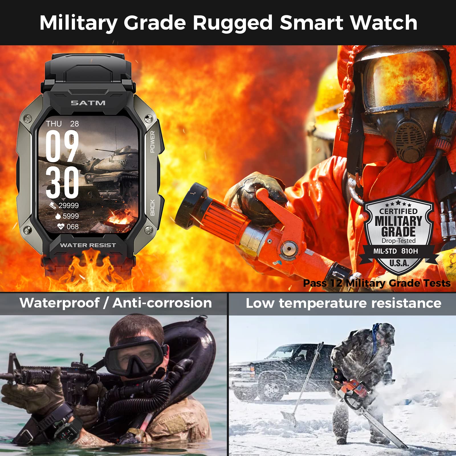 AMAZTIM Smart Watches for Men,50M Waterproof Rugged Military Grade Bluetooth Call(Answer/Dial Calls)，Health Tracker for Android Phones and iPhone Compatible,1.72