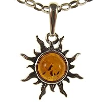BALTIC AMBER AND STERLING SILVER 925 SUN PENDANT NECKLACE - 14 16 18 20 22 24 26 28 30 32 34