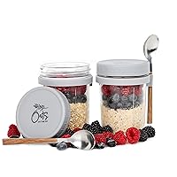 Overnight Oats Container 2-Pack - 10-Oz Glass Mason Jars w/ Spoons & Recipe Book
