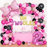 Amandir 122Pcs Pink Black Balloon Garland Arch Kit for 2nd Birthday Decorations, Oh Twodles Birthday Banner Cake Topper Headband Bow Foil Balloon for Girl 2 Years Birthday Party Favor Supplies