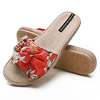Summer House Slippers for Women with Floral Bow Linen Open Toe House Shoes Flax Indoor Slip On with Low Arch Support Rubber Sole