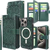 Harryshell Detachable Magnetic Case Wallet for iPhone 15 Pro Max Compatible with MagSafe Wireless Charging Protective Cover Multi Card Slots Cash Coin Zipper Pocket Wrist Strap (Floral Deep Green)