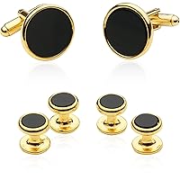 Mens Black Onyx Gold Tuxedo Cufflinks and Studs with Travel Presentation Gift Box - Black Gold Formal Set Tux Buttons for Wedding Party