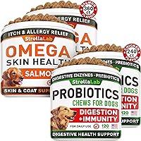 Omega 3 + Probiotics Dogs Bundle - Allergy&Itch + Improve Digestion & Immunity - Omega3 + Digestive Enzymes - Prebiotics - Itchy Skin + Constipation, Upset Stomach&Gas Relief - 600 Chews - Made in USA