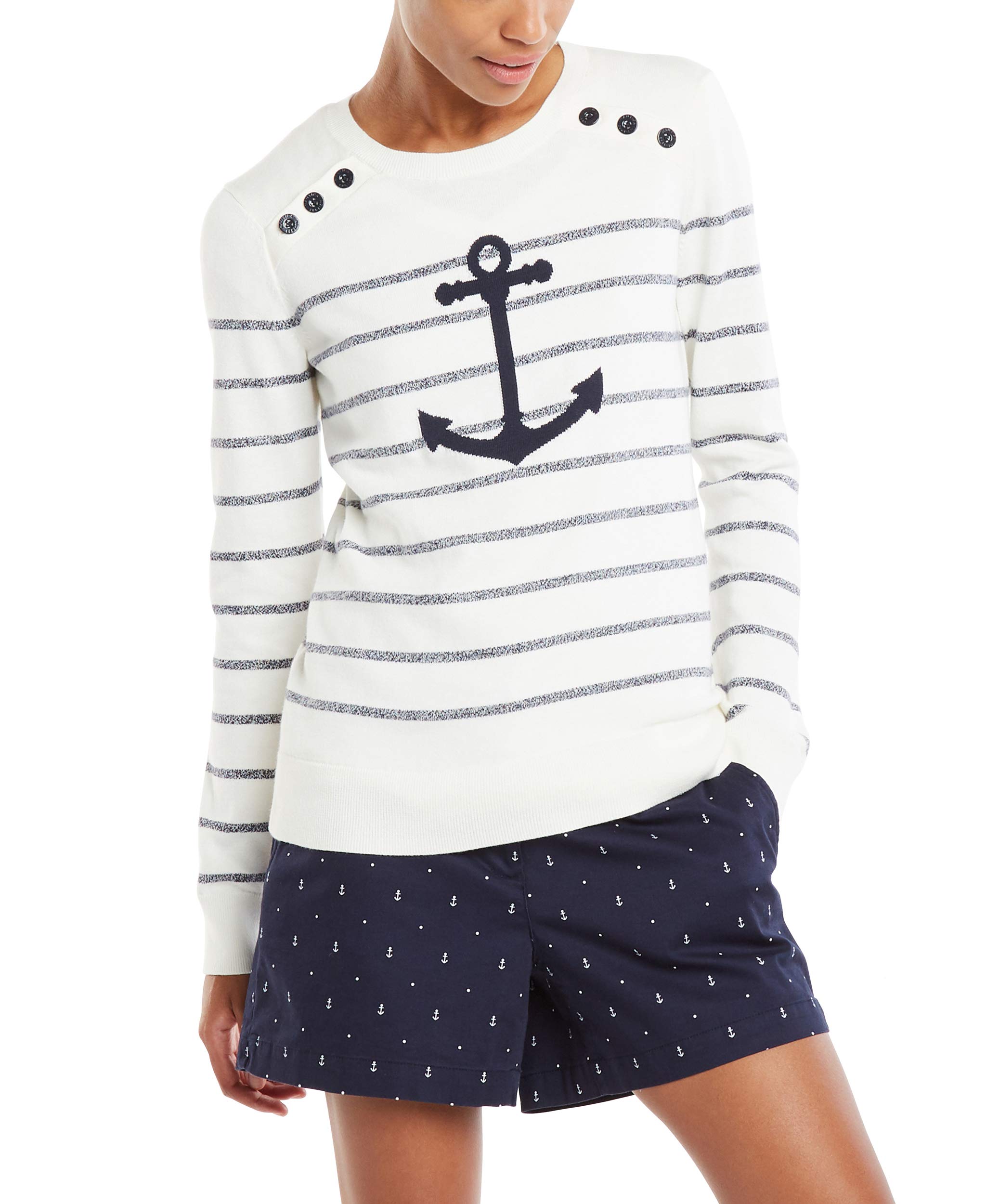 Nautica Women's Voyage Long Sleeve 100% Cotton Striped Crewneck Sweater
