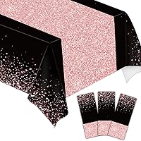 3pcs Black Rose Gold Party Tablecloths 108x54 Inch Rose Gold Sequin Printed Plastic Table Cover Glitter Diamonds Happy Birthday Decoration Supplies for Wedding Graduation Anniversary Indoor Outdoor