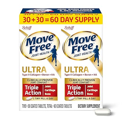 Move Free Ultra Triple Action Joint Support Supplement - Type II Collagen Boron & Hyaluronic Acid - Supports Joint Comfort, Cartiliage & Bones in 1 Tiny Pill Per Day, 2x30ct Bottles (60 servings)*