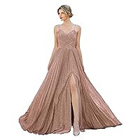 Meier Women's Metallic Glitter Pleated Long Prom Formal Dress
