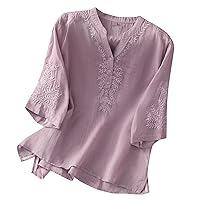 Cotton Linen Tops for Women 3/4 Sleeve Embroidery Blouses Casual Tunic Shirt